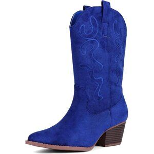Women Navy-blue Suede Mid Calf Chunky Block Heel Western Embroidered Boot